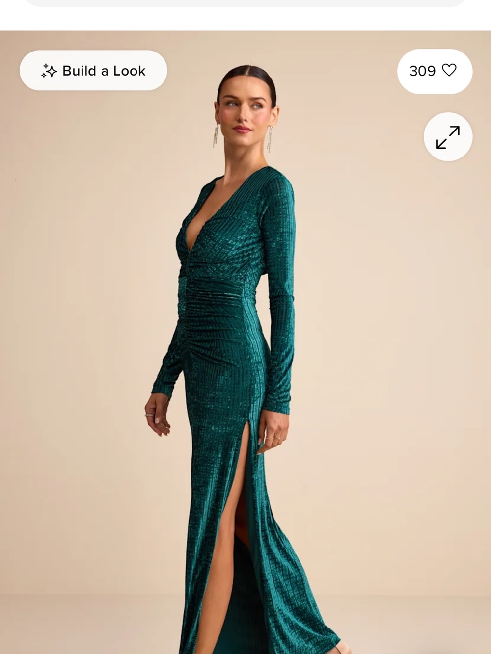 Lulu's Teal Sequin Long-Sleeve Plunge Gown with High Slit
